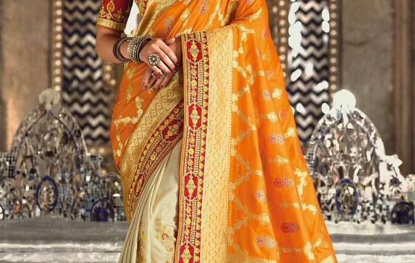 Banarasi Silk Saree in Orange and Cream